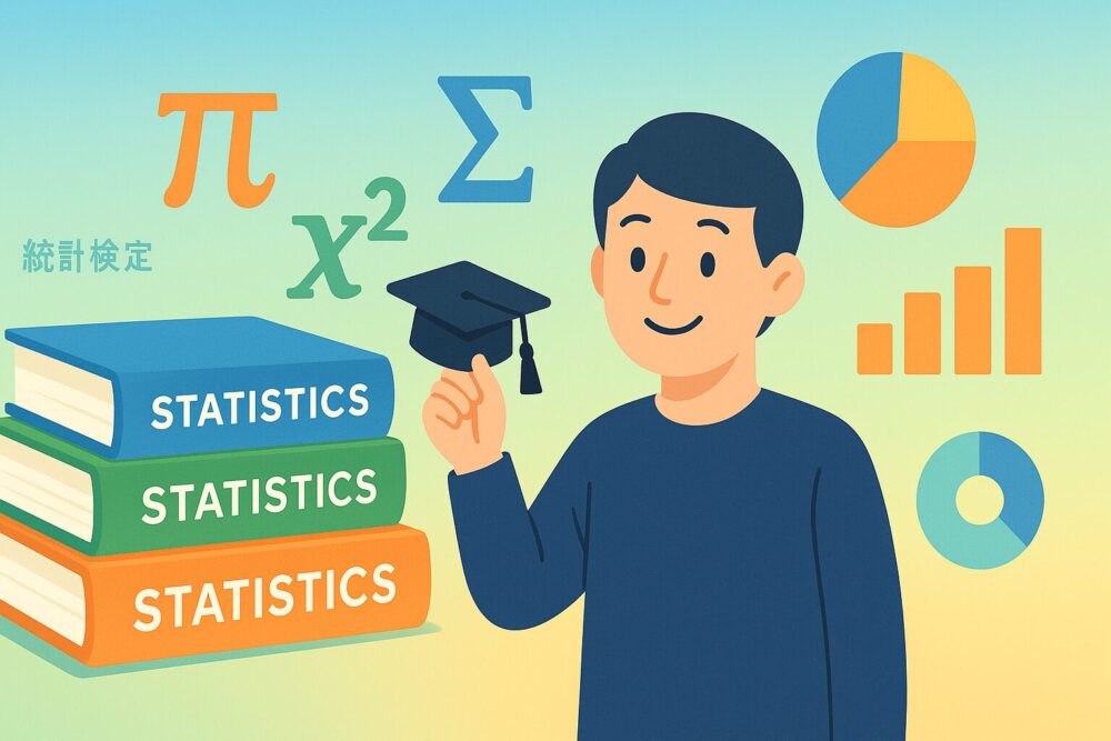 統計学の教科書が積み重なったカラフルなイラスト。数学記号（π、Σ、χ²）が浮かんでいて、親しみやすいキャラクターが卒業帽を持っている。背景には棒グラフや円グラフなどのデータ可視化要素。明るく励ましになる色合い（青、緑、オレンジ）でグラデーション背景。日本語テキスト要素を控えめに配置。スタイル：フラットデザイン、教育的、親しみやすく、プロフェッショナルでありながらフレンドリー。
