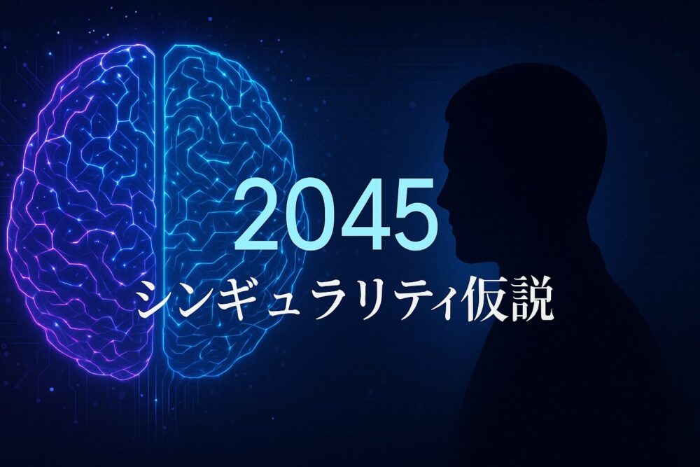 シンギュラリティ仮説を表現した未来的なイメージ。左側に青紫色に光るデジタル脳、右側に人間のシルエット、中央に大きく「2045」の文字が配置され、回路パターンと光の粒子が背景に散りばめられている横長の画像
