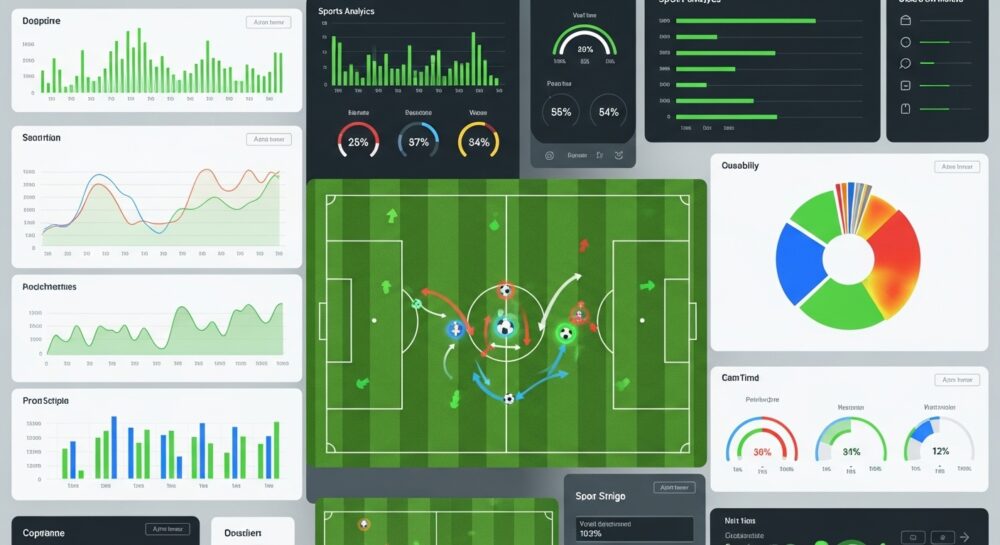 サッカーの試合データを分析するダッシュボード画面。各種グラフ、戦術図、確率メーター、ヒートマップなど多様な視覚的データ表示要素で構成