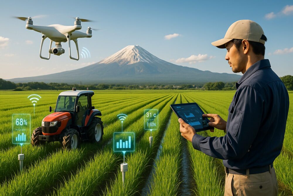 日本の田園風景で稼働する最新のスマート農業技術。自動運転トラクター、農業用ドローン、IoTセンサーを使用して作業する様子と、タブレットでデータを確認する農家の姿。伝統的な農業と先端技術の融合を表現した未来的な農場の風景。