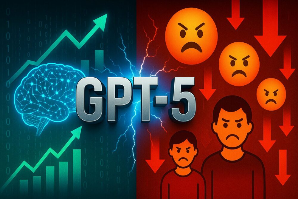 GPT-5徹底解説：OpenAIの最新AI統一システムの革新的機能と市場の反応を示すインフォグラフィック。技術的成功とユーザー満足度のギャップを視覚化