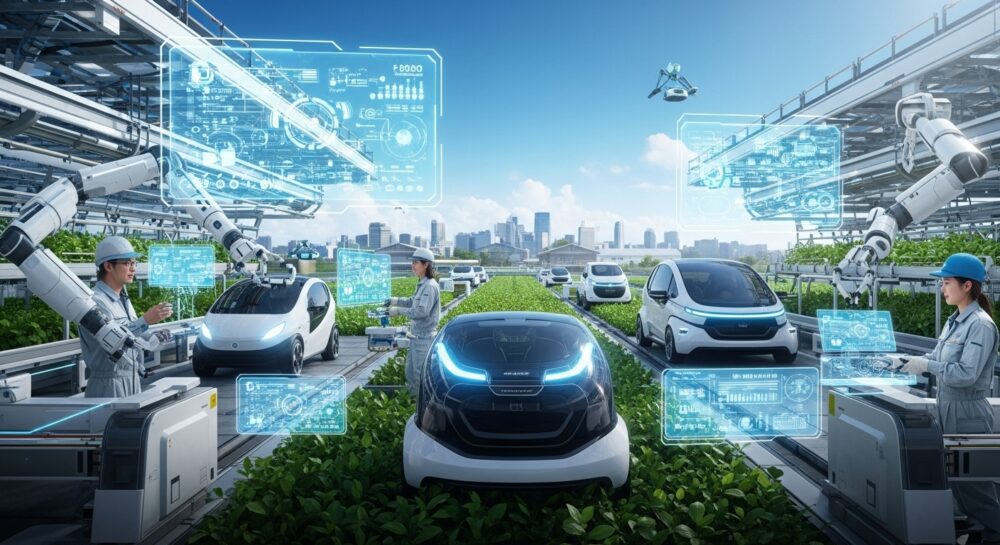 2030年の未来の日本農業ビジョン。完全自動化された農場で先進的なロボットが稼働し、ホログラフィックなデータ表示、自律走行車両、スマートシティとの連携が描かれた未来的な風景。