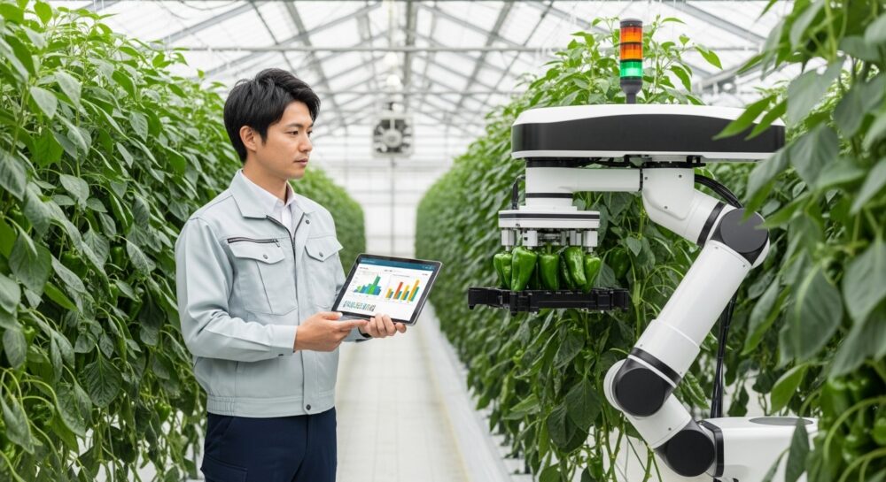 40代のピーマン農家が最新の収穫ロボットが稼働する温室で、タブレットでビジネスデータを確認している。RaaSモデルで導入したロボットが精密にピーマンを収穫している様子。