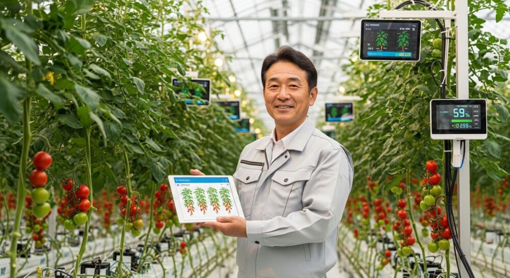 50代のトマト農家が最新のAI灌水システムを導入した温室で、タブレットでデータを確認しながら満足そうに立っている。豊かに実った高品質なトマトと最新センサー技術が見える現代的な温室。