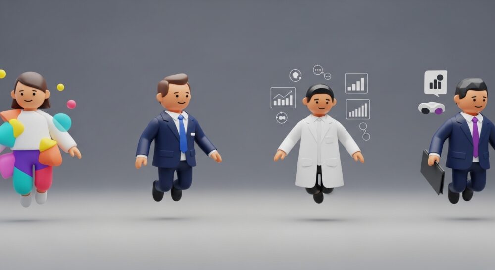 4つの異なる個性を持つAIアシスタントを抽象的なキャラクターとして表現した3Dアート。それぞれ独特の特徴を持つ幾何学形状で構成されている。