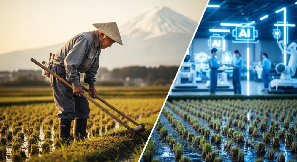 高齢化が進む日本の伝統的農業と、AI技術による未来の農業を対比した風景。前景では高齢の農家が手作業で農作業を行い、背景にはロボットや先端技術を使った現代的な農場が見える構図。