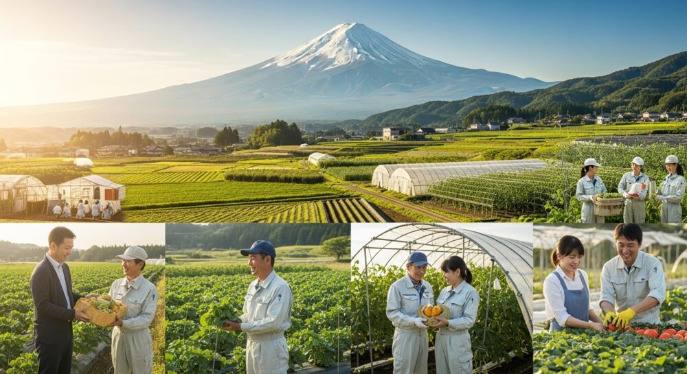 繁栄するスマート農業の全景。美しい日本の谷間に広がる様々な技術を活用した成功した農場群。富士山を背景に、家族で働く人々、農業に興味を持つ若者、豊かな収穫を表現した希望に満ちた風景。