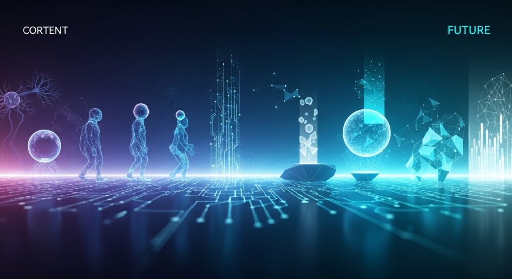 AI技術の未来進化を表現した近未来的な風景。浮遊する球体とデータストリームが技術の発展と革新を抽象的に描写している。