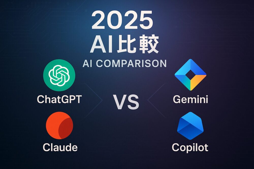 2025年最新AIアシスタント徹底比較：ChatGPT、Google Gemini、Claude、Microsoft Copilotの4つの主要AIプラットフォームのロゴが配置された比較図。市場シェア、性能、価格を分析する包括的ガイドのサムネイル画像。