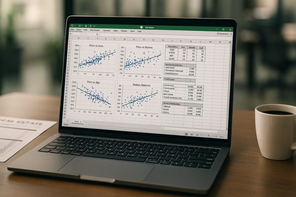 Excel linear regression analysis tutorial showing scatter plot graphs and housing price data on laptop screen with real estate documents on desk