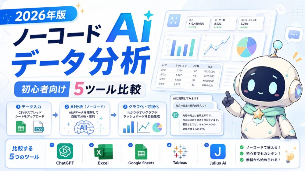 ルミィがノーコードAIデータ分析を案内しているアイキャッチ画像。大きく「ノーコードAIデータ分析」「初心者向け 5ツール比較」と表示され、CSVやスプレッドシートのデータをAIが分析し、グラフ化・可視化する流れを図解している。下部にはChatGPT、Excel、Google Sheets、Tableau、Julius AIの5ツールが並んでいる。