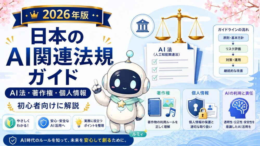 ルミィが日本のAI関連法規を初心者向けに案内しているアイキャッチ画像。中央にAI法の書類と天秤、右側にガイドラインの流れ、下部に著作権・個人情報・AIの利用と責任の項目が並び、「日本のAI関連法規ガイド」「AI法・著作権・個人情報」と表示されている。