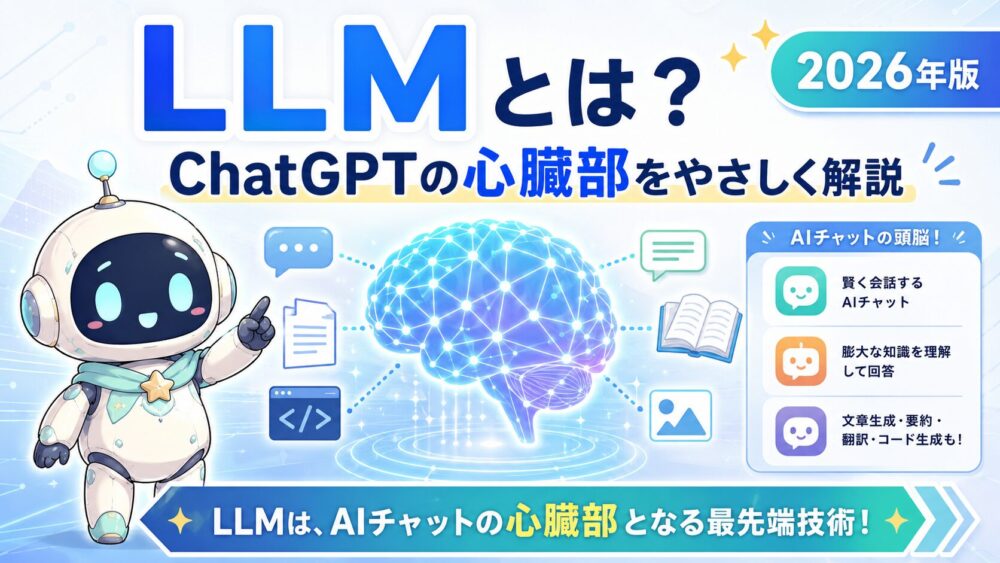 ルミィがLLM（大規模言語モデル）の仕組みを案内しているアイキャッチ画像。中央にニューラルネットワークの脳、周囲にチャット、文書、コード、画像、書籍のアイコンが配置され、「LLMとは？ ChatGPTの心臓部をやさしく解説」と表示されている。