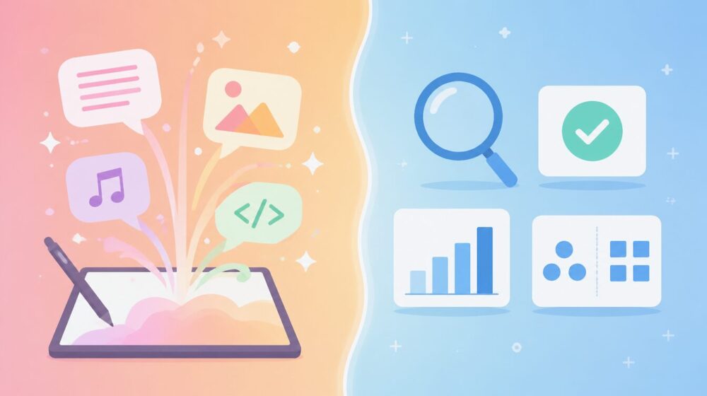 生成AI（作るAI）と従来AI（判断するAI）の違いを示すイラスト。左側にデジタルキャンバスから文章・画像・音楽・コードが飛び出す様子、右側に虫眼鏡・チェックマーク・棒グラフ・分類アイコンが並ぶ様子。