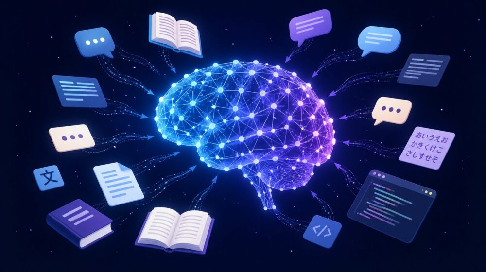 LLM（大規模言語モデル）のイメージ図。中央に脳型のニューラルネットワーク、周囲に書籍・文書・チャットバブル・コードが集まり、データを学習している様子