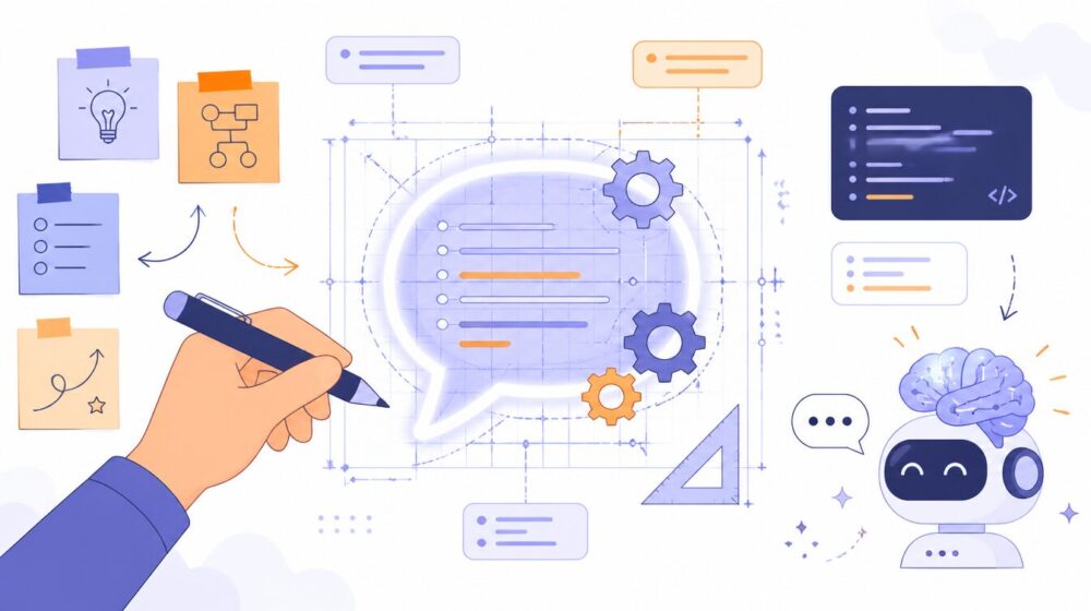 プロンプトエンジニアリングのイメージ。設計図風の背景に大きな吹き出し、歯車、ペンを持つ手、コード画面、AIアシスタント。プロンプトを「設計」する作業を表現