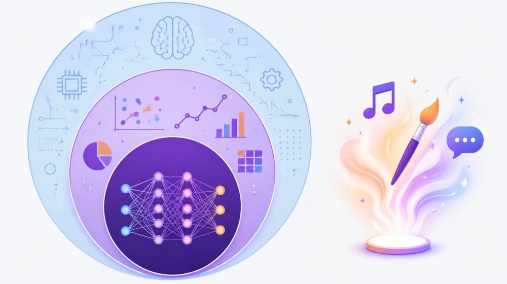 機械学習・ディープラーニング・生成AIの関係を表す図。AIの円の中に機械学習、その中にディープラーニングが入れ子で配置され、右側に生成AIのアイコン（音符・絵筆・吹き出し）が並ぶ