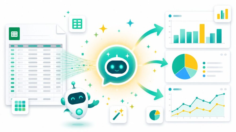 ノーコードAIデータ分析のイメージ。左にスプレッドシート、中央にAIチャットボット、右に棒グラフ・円グラフ・折れ線グラフ。データを話しかけるだけで可視化される様子