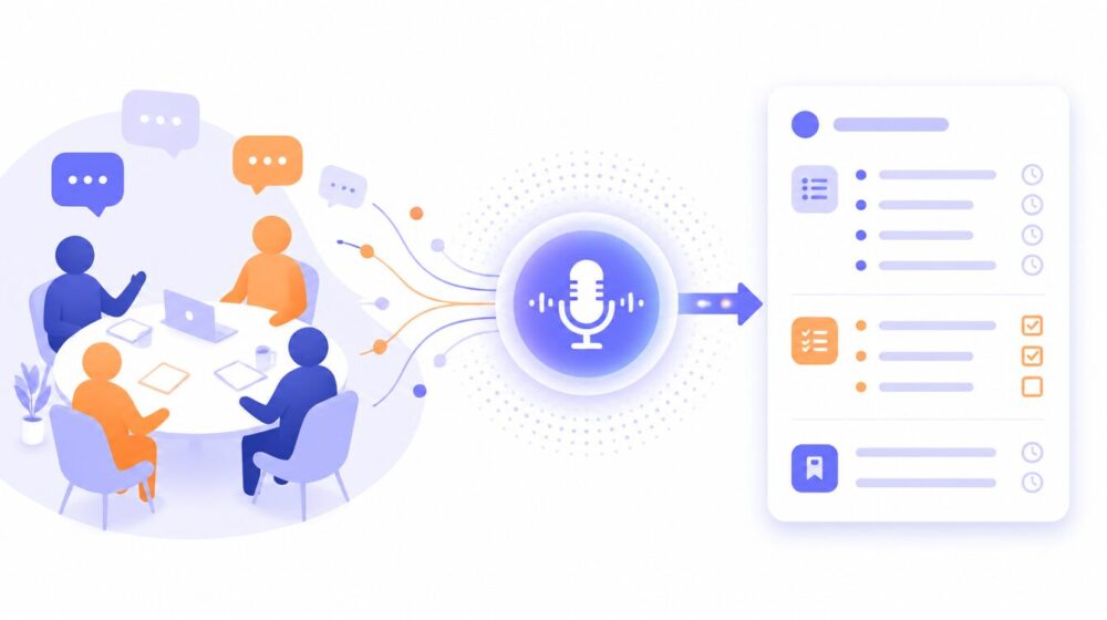 AI議事録ツールのイメージ。左に議事テーブルを囲んだ会議シーンと吹き出し、中央にAIマイクと音声波形、右に構造化された議事録とTo-Doチェックボックス。会議が自動で要点・タスクに変換される様子