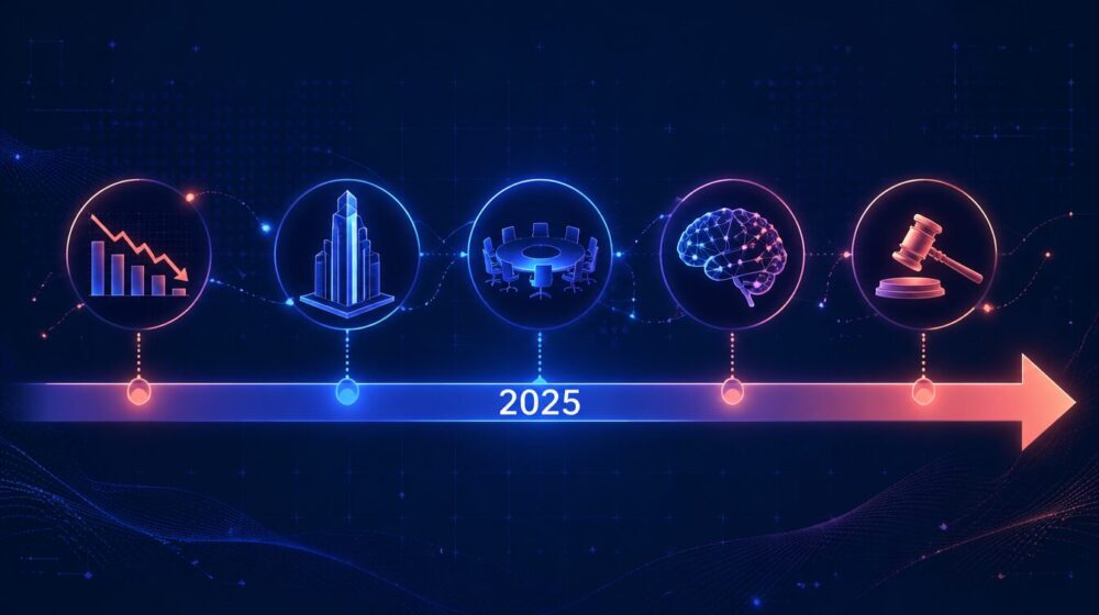 2025年AI業界10大ニュースのタイムライン。下招きチャート（DeepSeekショック）、タワー（Stargate Project）、円卓（パリサミット）、AI脳（モデル発表）、ガベル（著作権訴訟和解）の5つのイコンが水平タイムライン上に並ぶ