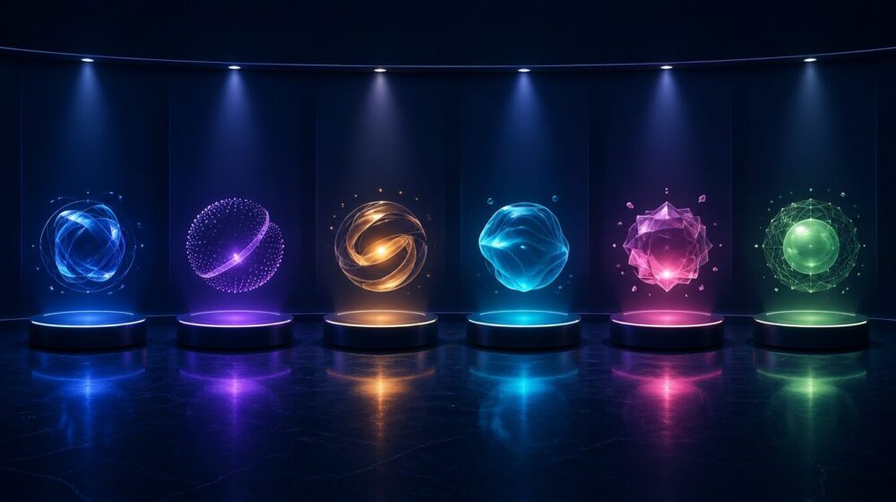 主要AIモデル比較イメージ。深いネイビーのショールームに6つの光る台座が並び、それぞれ青・紫・オレンジ・シアン・ピンク・緑の個性的なオーブが輝く。最強を争うのではなく「個性を使い分ける」考え方を象徴