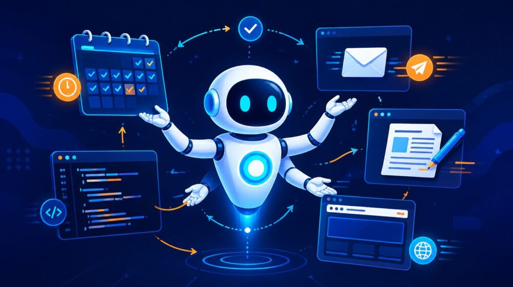 AIエージェントのイメージ。中央に両手を広げたロボットエージェント、周囲にカレンダー・コード・メール・ドキュメント・ブラウザの5つのシステムパネル。矢印でつながり、複数タスクを自律的に進める「動くAI」を表現