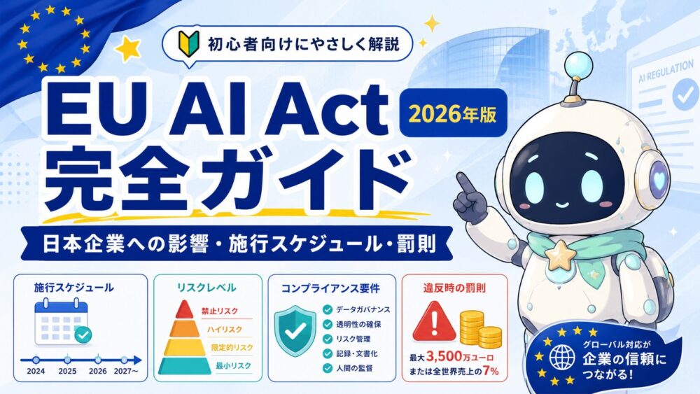 ルミィがEU AI Actを初心者向けに案内しているアイキャッチ画像。EU旗と欧州議会風の背景の前に、「EU AI Act完全ガイド」「日本企業への影響・施行スケジュール・罰則」と表示され、施行スケジュール、リスクレベル、コンプライアンス要件、違反時の罰則が図解されている。