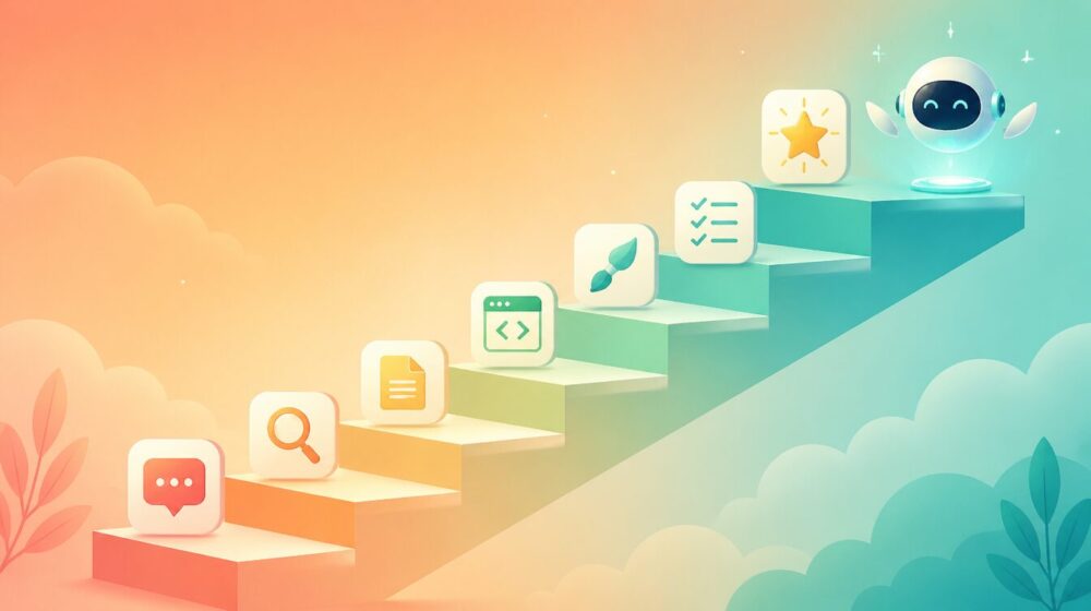 AI活用7日間ロードマップのイメージ。手前から奥へ7段の階段が上り、各段にチャット・検索・文書・コード・ブラシ・チェックリスト・スターのアイコン、頂上にAIロボットが微笑む。ピーチからティールへのグラデーション背景