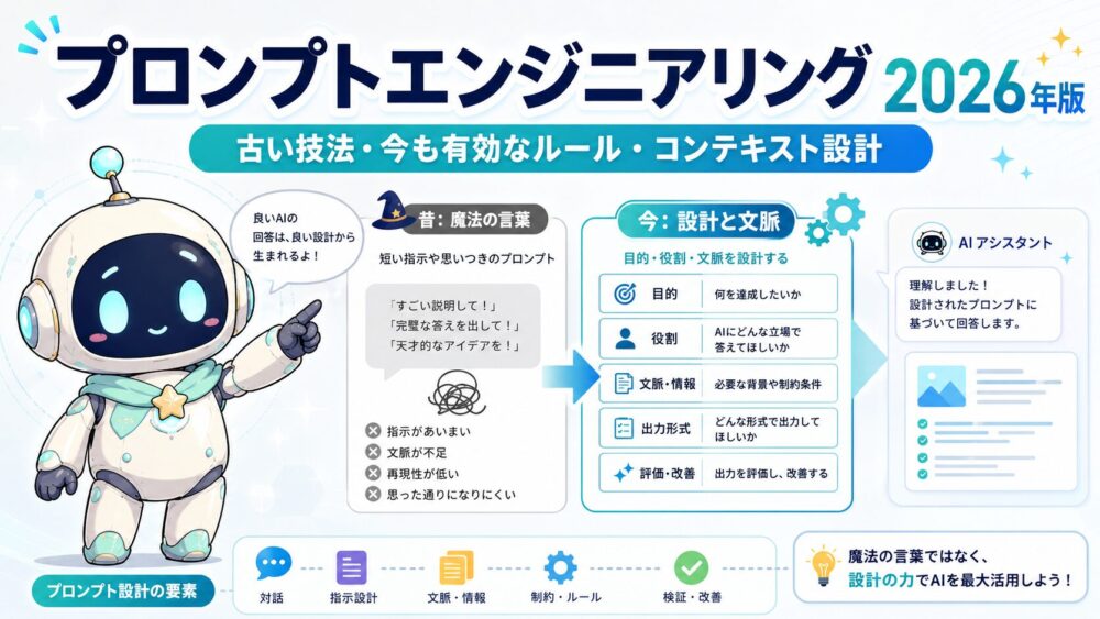 ルミィがプロンプトエンジニアリングを案内しているアイキャッチ画像。古い「魔法の言葉」型プロンプトから、目的・役割・文脈・出力形式・評価改善を設計する現代的なプロンプト設計へ進化する流れを図解している。