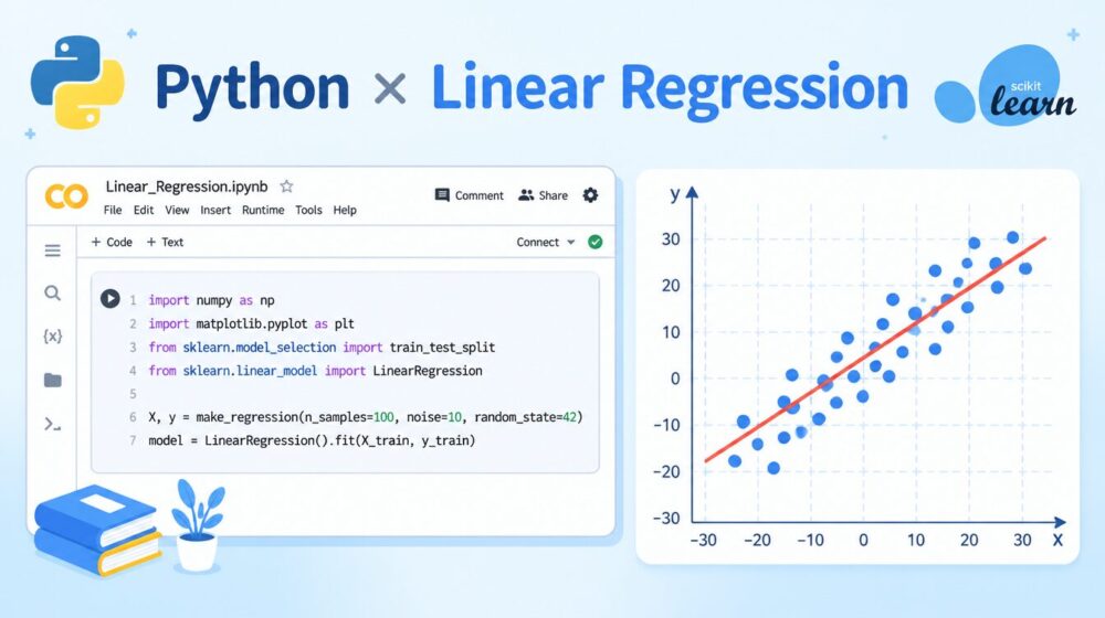 Pythonとscikit-learnで線形回帰分析｜Google Colabのコードと回帰直線の散布図