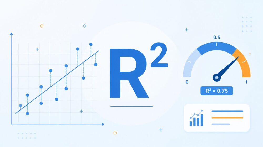 決定係数R²とは｜回帰直線の当てはまりの良さをメーターと散布図で可視化したイメージ