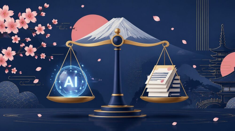 日本のAI関連法規のイメージ。中央に金色の天秤、左皿に「AI」と書かれた青く輝く球体、右皿に書類の束。背景に富士山と桜の花、五重塔のシルエット。AIと法規制のバランスを象徴