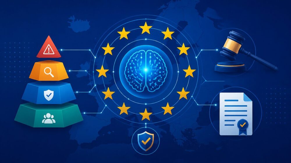 EU AI Actのイメージ。中央にEUの12星章に囲まれた青く光るAI脳、左に4段のリスクピラミッド（禁止/高/限定/最小）、右にガベルと認証付き書類、背景にヨーロッパの地図シルエット