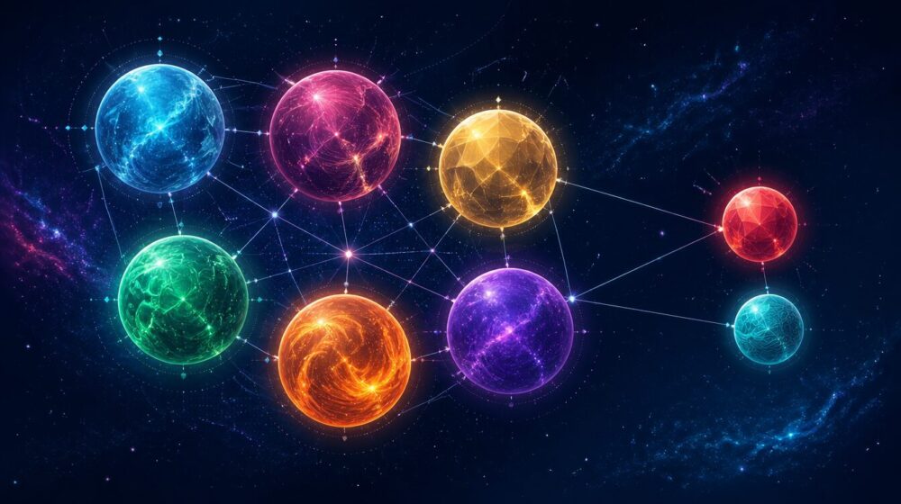 主要AI企業8社の動向イメージ。深い宇宙空間に8つの個性的な発光球体（青・ピンク・黄・緑・オレンジ・紫・赤・ティール）が星座のように配置され、ネットワーク線で接続。海外6社と日本2社のAIエコシステムを象徴