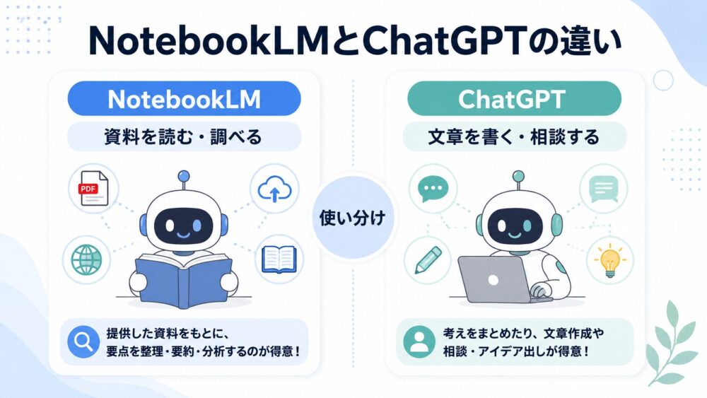 NotebookLMは資料を読む・調べる用途に向き、ChatGPTは文章を書く・相談する用途に向くことを左右比較で示した図