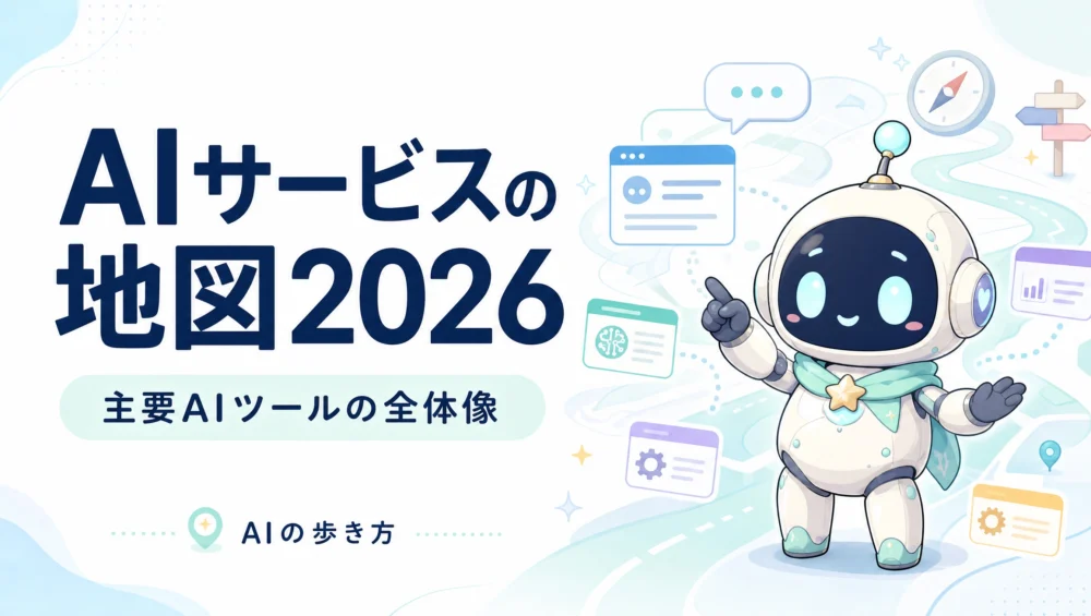 AIサービスの地図2026を解説する記事のアイキャッチ画像。12カテゴリで主要AIツールを整理した全体像マップガイド。