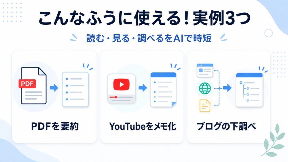 NotebookLMの活用例として、PDFを要約する、YouTubeをメモ化する、ブログの下調べに使うという3つの使い方をカード形式で示した図
