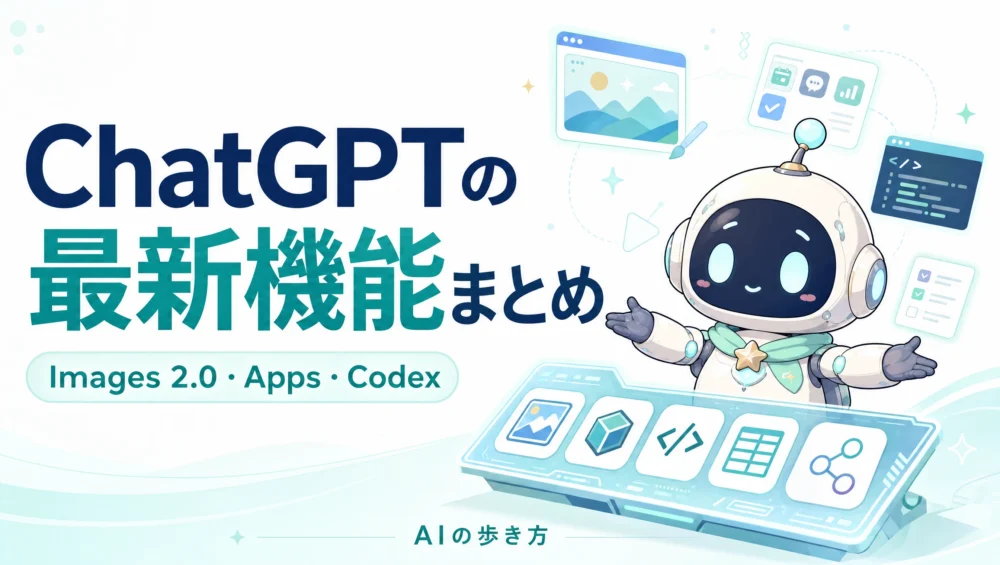 ChatGPTの最新機能まとめのアイキャッチ。ルミィが画像・アプリ・コードの操作パネルの前に立っている