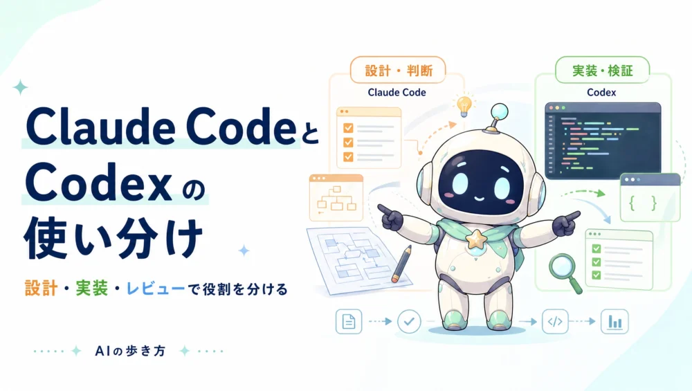 Claude CodeとCodexの使い分けのアイキャッチ。アシスタントキャラ「ルミィ」が設計側と実装側の作業を見比べて指揮している