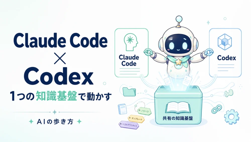 Claude CodeとCodexを1つの共有知識基盤につなぐイメージ図。アシスタントキャラ「ルミィ」が両ツールを共有の知識ベースへ橋渡ししている