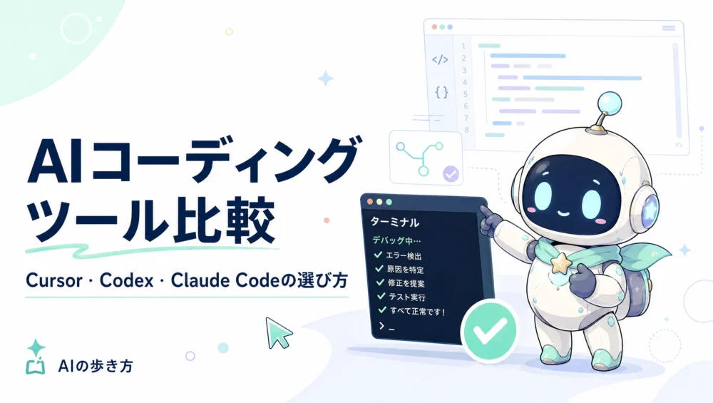 AIコーディングツール比較を解説する記事のアイキャッチ画像。Cursor・Codex・Claude Code・Copilotを用途別に整理した2026年版選び方ガイド。