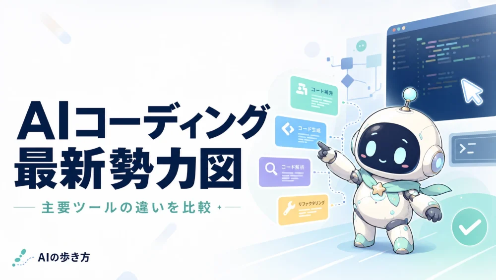AIコーディングツール最新勢力図を解説する記事のアイキャッチ画像。Claude Code・Cursor・Copilotなど7強を比較した2026年版レポート。