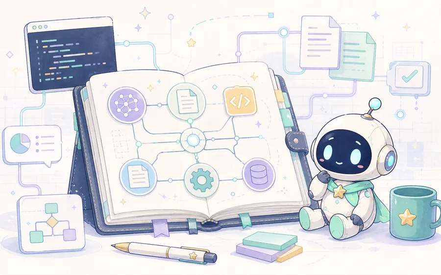 AI実装ノートと知識基盤を表す2Dイラスト