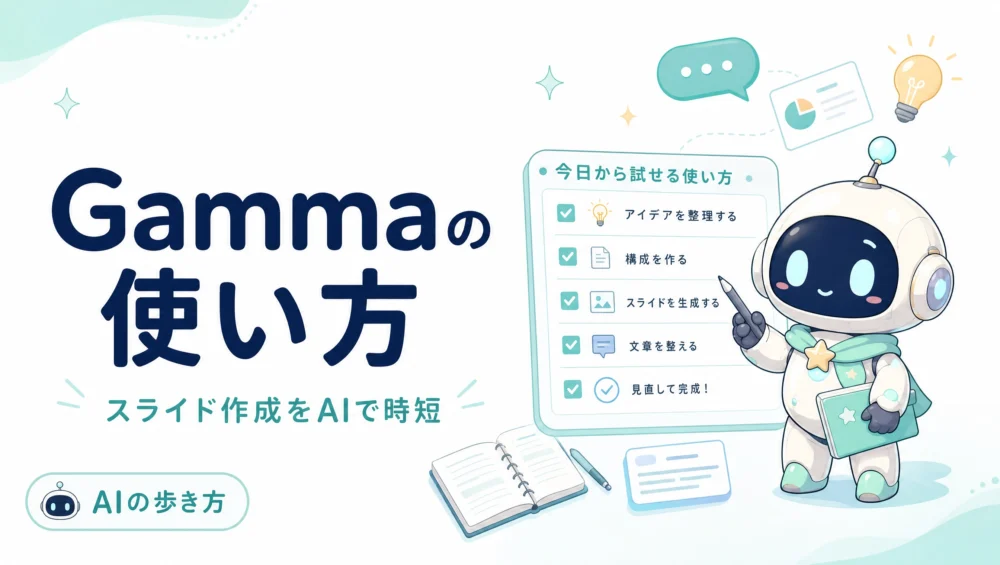 Gammaの使い方を解説する記事のアイキャッチ画像。テキストから自動でプレゼン資料を生成するAIツールの初心者ガイド。