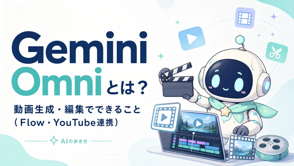 Gemini Omniのアイキャッチ。ルミィが動画のフレームやタイムラインを扱って動画を作っている