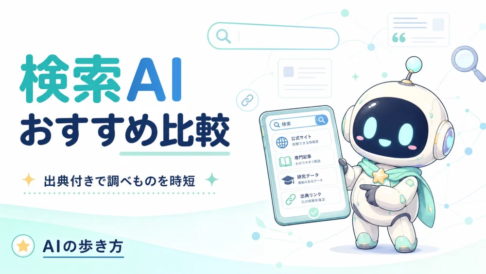 検索AI・リサーチAI比較を解説する固定ページのアイキャッチ画像。Perplexity・Felo・Gensparkの選び方と使い分けガイド。