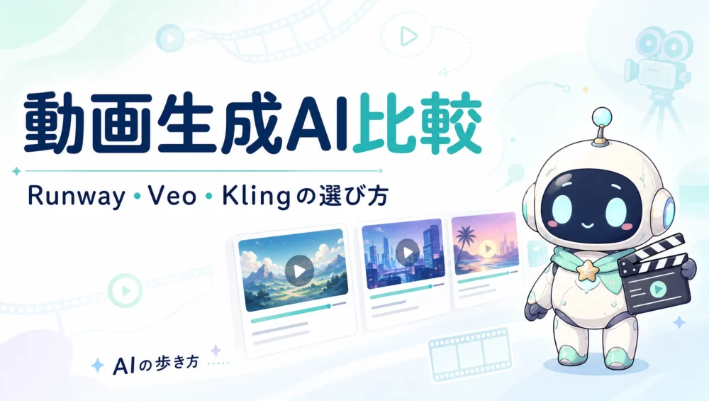 動画生成AI比較を解説する記事のアイキャッチ画像。Runway・Veo・Luma・Klingを用途別に整理した2026年版選び方ガイド。