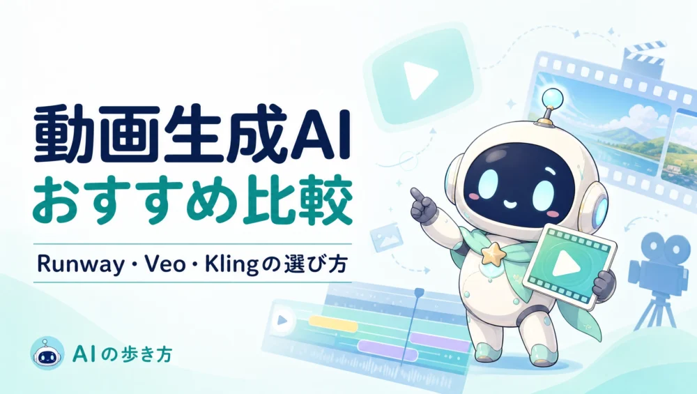 動画生成AIおすすめ比較を解説する固定ページのアイキャッチ画像。Runway・Sora・Veoの選び方と使い分けガイド。