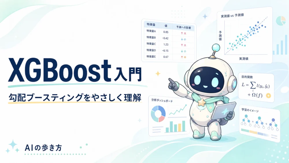 XGBoost・勾配ブースティング入門を解説する記事のアイキャッチ画像。仕組み・実装・チューニングまで初心者向けの実践ガイド。