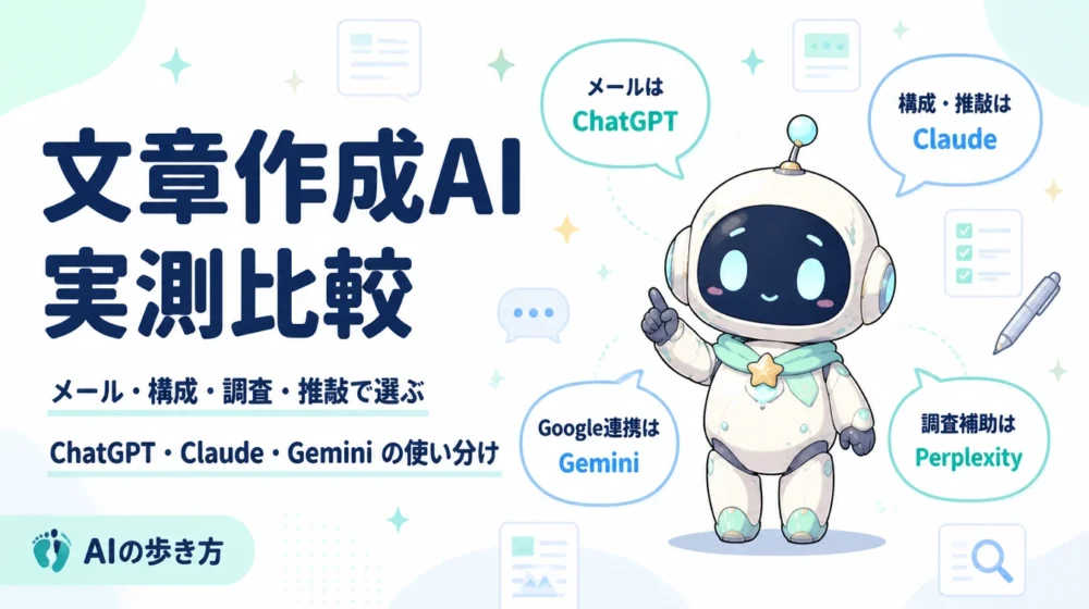 AIで文章を書くならChatGPT・Claude・Geminiどれかを、メール・構成・調査・推敲の吹き出しで比較するアイキャッチ
